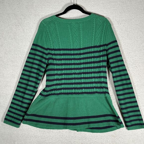 Talbots Peplum Sweater Womens L Green Black Stripe Top Casual Cotton 5% Cashmere - Picture 10 of 11